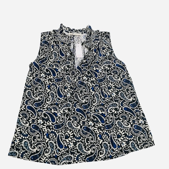 Loft Paisley Smocked Tie Neck Mixed Media Shell size M - Picture 5 of 12